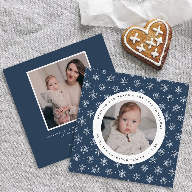 Elegant Navy and White Snowflake Pattern 2 Photo Holiday Card (Creator Uploaded)