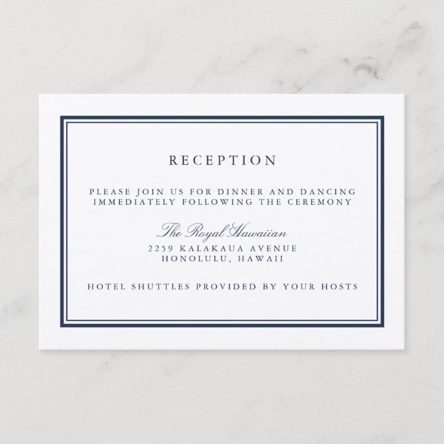 Elegant Navy and White Wedding Reception Enclosure Card (Front)