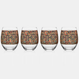 Elegant Navy "Aztec Dream" Stemless Wine Glass Set