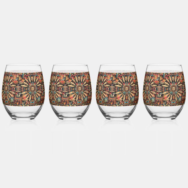 Elegant Navy "Aztec Dream" Stemless Wine Glass Set (Front)
