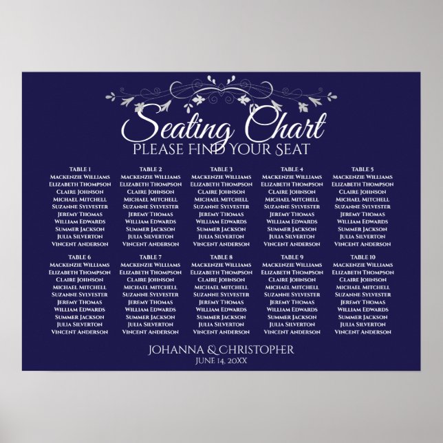 Elegant Navy Blue 10 Table Wedding Seating Chart (Front)