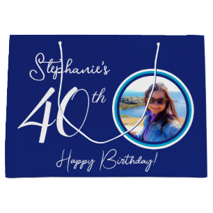 Elegant Navy Blue 40th Birthday Photo Large Gift Bag