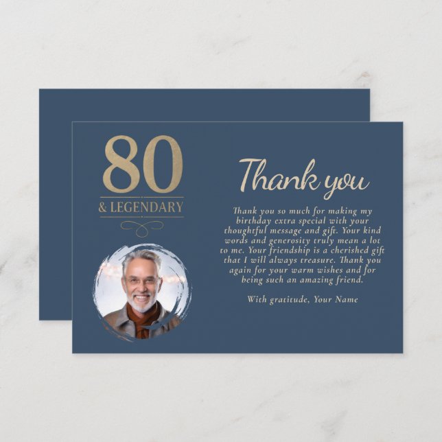 Elegant Navy Blue 80 & Legendary Birthday Photo Thank You Card (Front/Back)