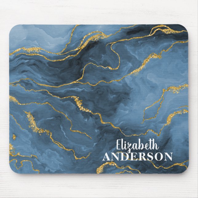 Elegant Navy Blue Agate Geode Marble Monogram Name Mouse Pad (Front)