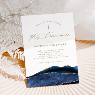 Elegant Navy Blue Agate Gold First Holy Communion Invitation