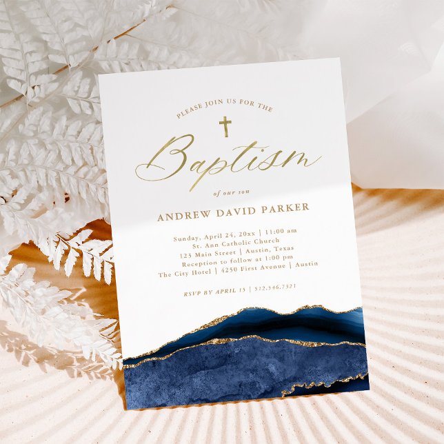 Elegant Navy Blue Agate with Gold Cross | Baptism Invitation (Creator Uploaded)