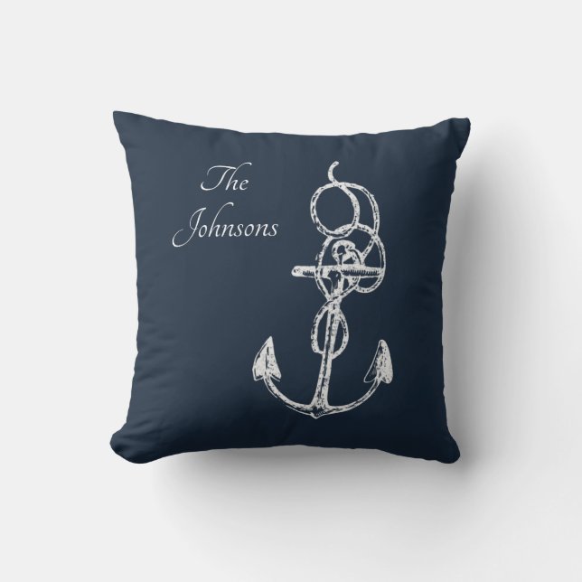 Elegant Navy Blue Anchor Custom Family Name Cushion (Front)