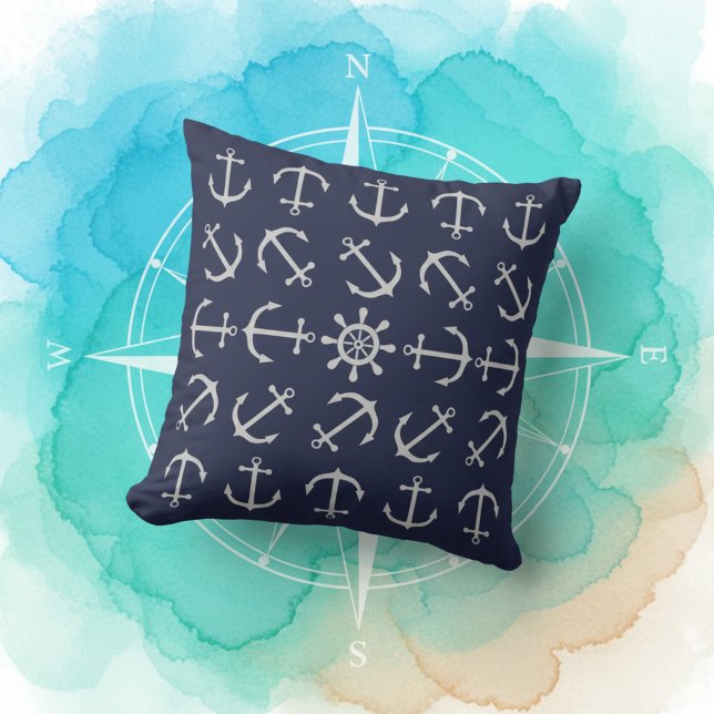 Elegant Navy Blue Anchor Print Sofa Pillow (Stylish nautical throw pillow! ⚓)