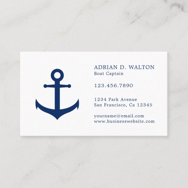 Elegant Navy Blue Anchor Simple Nautical Business Card (Front)