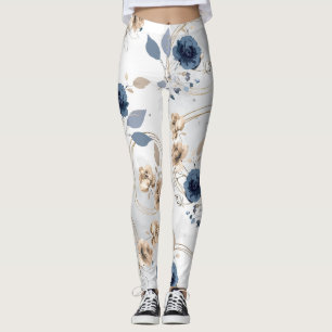 Elegant Navy Blue and Beige Floral Watercolor Legg Leggings