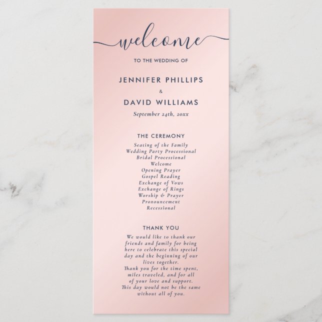 Elegant Navy Blue and Blush Wedding Program (Front)