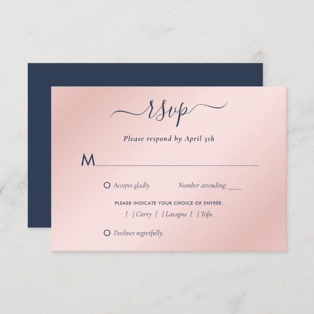 Elegant Navy Blue and Blush Wedding RSVP Card (Front/Back)