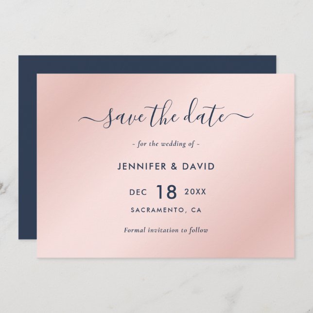 Elegant Navy Blue and Blush Wedding Save The Date (Front/Back)