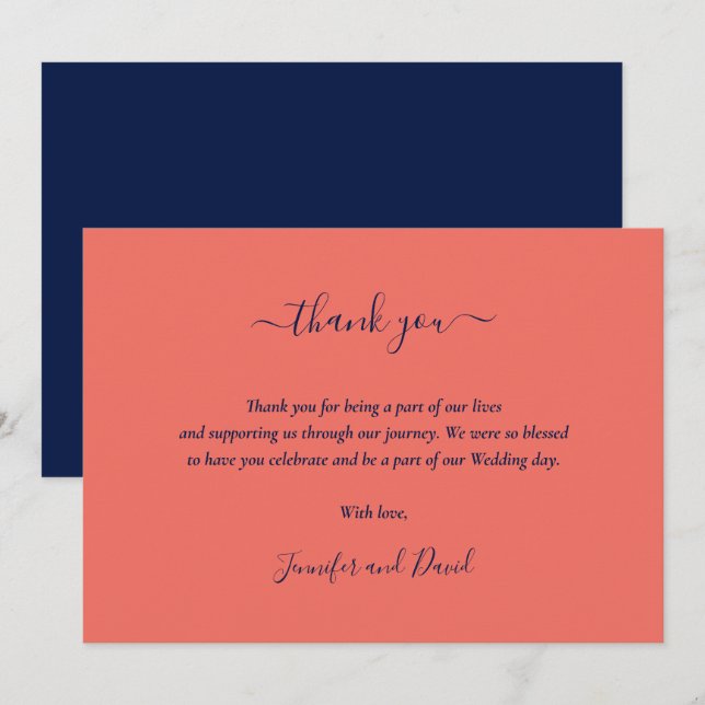 Elegant Navy Blue and Coral Thank You Card (Front/Back)