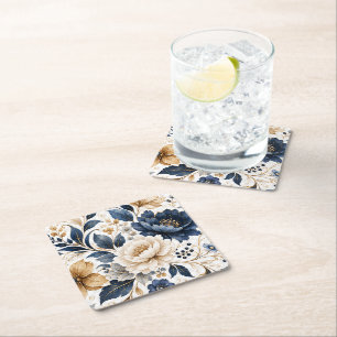Elegant navy blue and cream floral pattern featuri square paper coaster