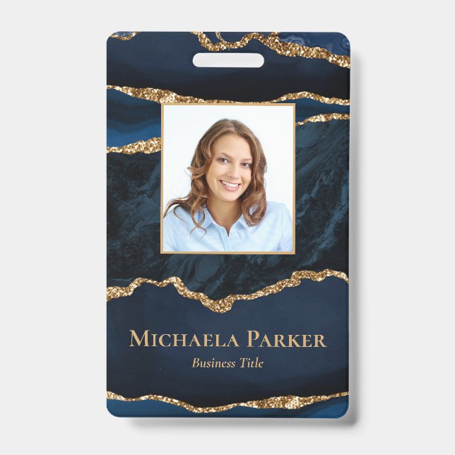 Elegant Navy Blue and Gold Agate ID Badge (Front)