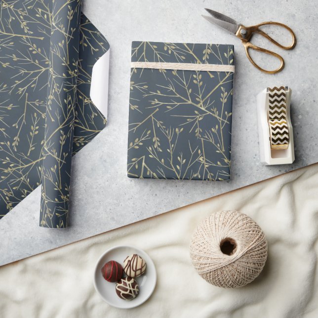 Elegant Navy Blue and Gold Branches Wrapping Paper (Crafts)