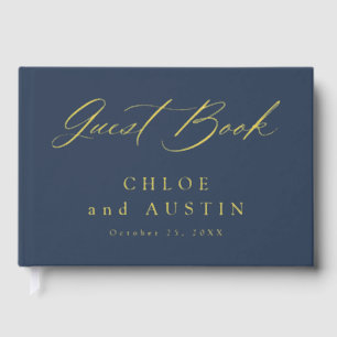Elegant Navy Blue and Gold Calligraphy Wedding Guest Book