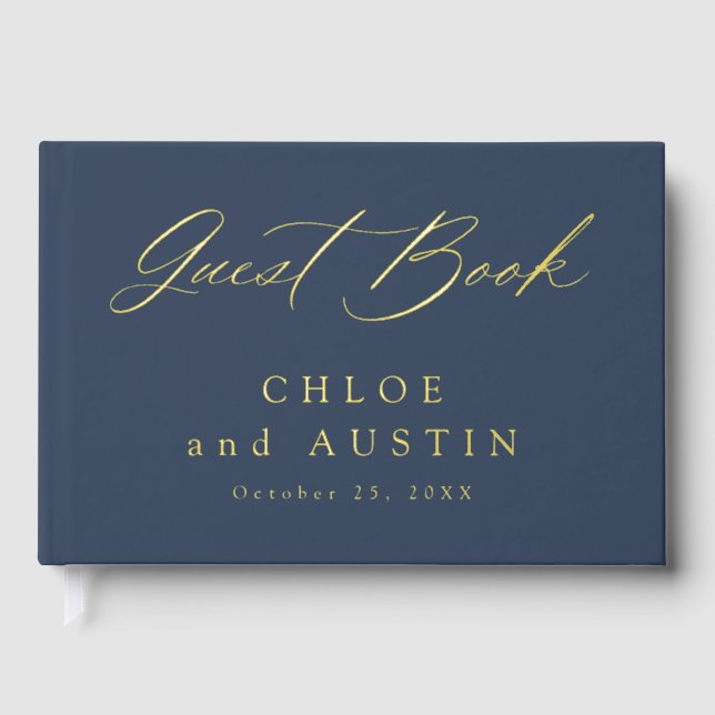 Elegant Navy Blue and Gold Calligraphy Wedding Guest Book (Front)
