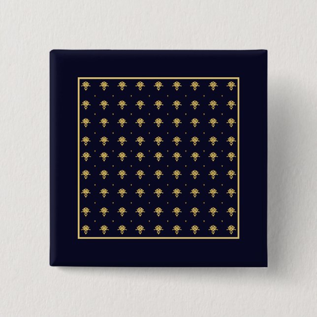 Elegant Navy Blue and Gold Damask 15 Cm Square Badge (Front)