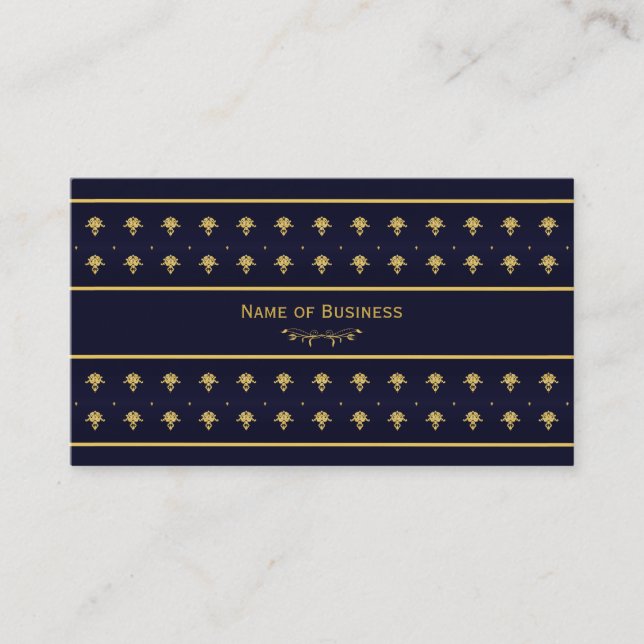 Elegant Navy Blue And Gold Damask Business Card (Front)