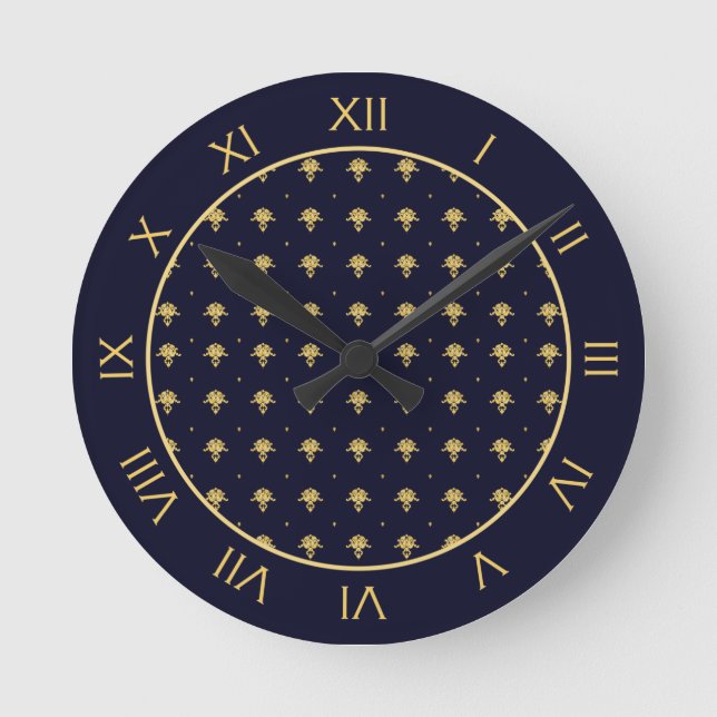 Elegant Navy Blue and Gold Damask Round Clock (Front)