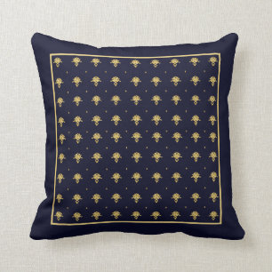 Elegant Navy Blue and Gold Damask Square Border Cushion