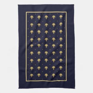 Elegant Navy Blue and Gold Damask Tea Towel