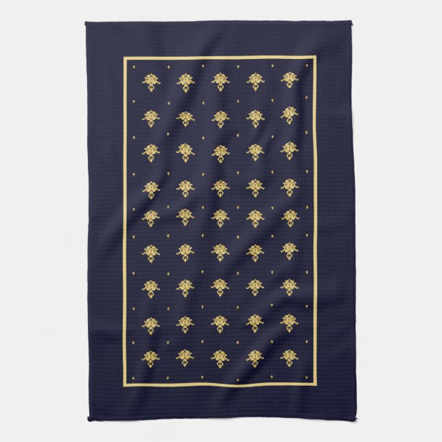 Elegant Navy Blue and Gold Damask Tea Towel (Vertical)