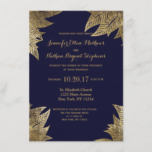 Elegant Navy Blue and Gold Faux Drawn Leaf Pattern Invitation