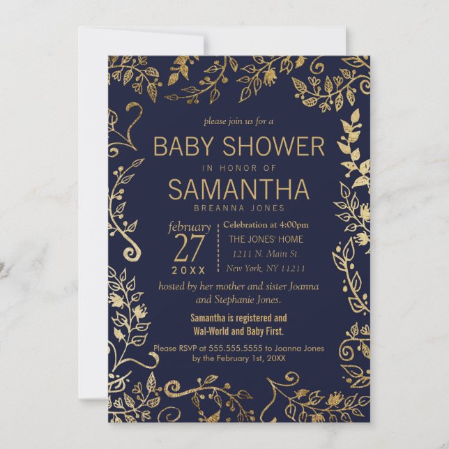 Elegant Navy Blue and Gold Floral Baby Shower Invitation (Front)