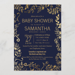 Elegant Navy Blue and Gold Floral Baby Shower Invitation