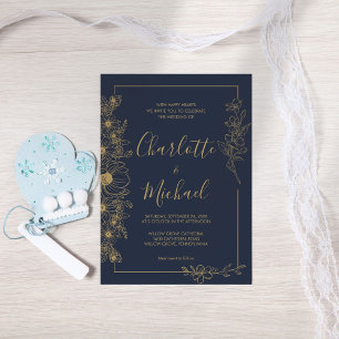 Elegant Navy Blue and Gold Floral Frame Wedding Invitation