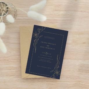 Elegant Navy Blue and Gold Floral Frame Wedding Invitation