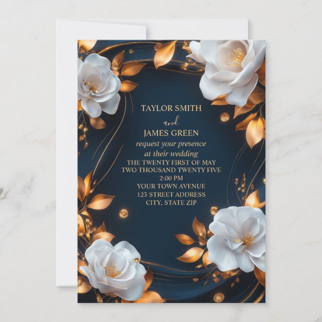 Elegant Navy Blue and Gold Floral Invitation (Front)