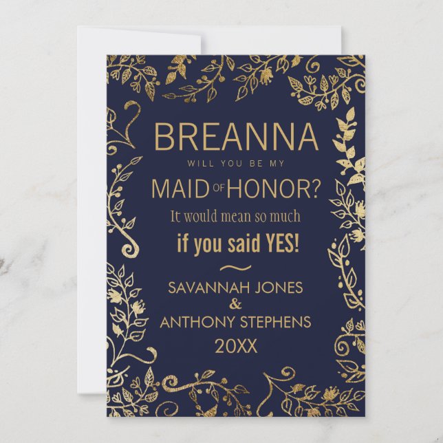 Elegant Navy Blue and Gold Floral Maid of Honour Invitation (Front)