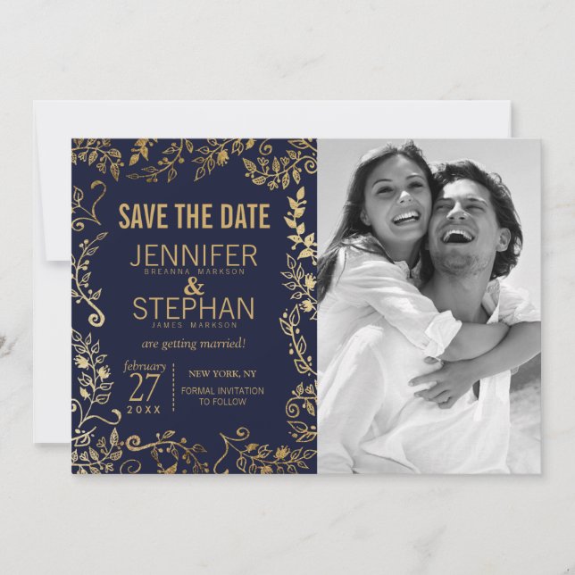 Elegant Navy Blue and Gold Floral Save the Dates Save The Date (Front)