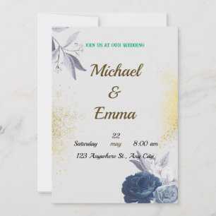 Elegant Navy Blue and Gold Floral Wedding Invitati Invitation