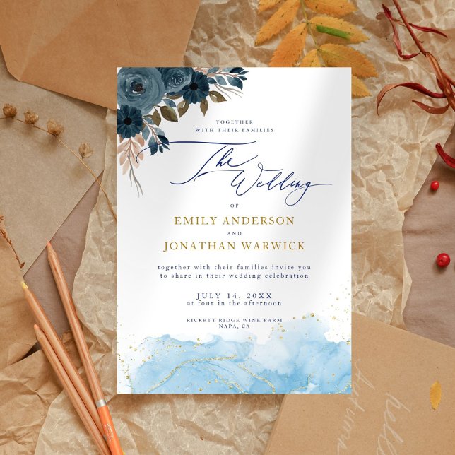 Elegant Navy Blue and Gold Floral Wedding Invitation (Creator Uploaded)