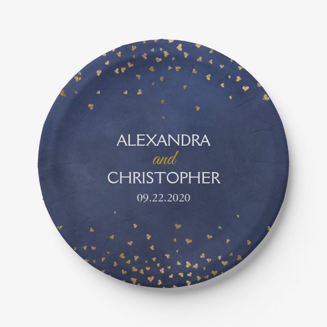 Elegant Navy Blue and Gold Foil Confetti Wedding Paper Plate (Front)