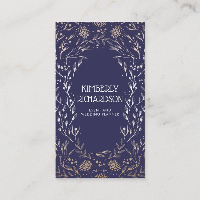 Elegant Navy Blue and Gold Foil Floral Luxury Business Card (Front)