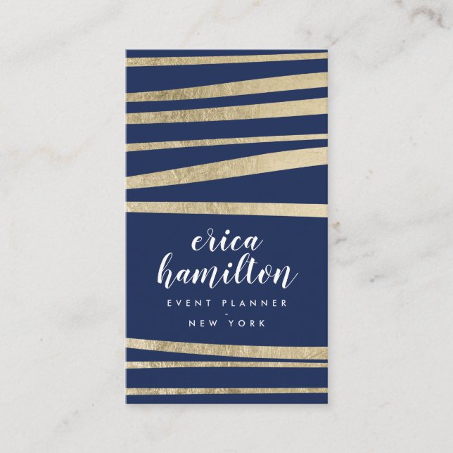 Elegant navy blue and gold foil striped geometric business card (Front)