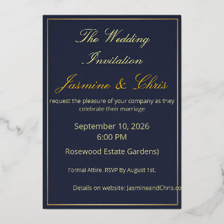 Elegant Navy Blue and Gold Foil Wedding Invitation
