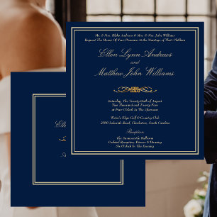 Elegant Navy Blue and Gold Formal Wedding Invitation