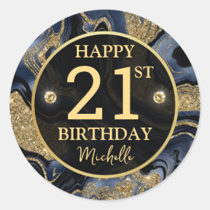 Elegant Navy Blue and Gold Glitter Agate Birthday Classic Round Sticker