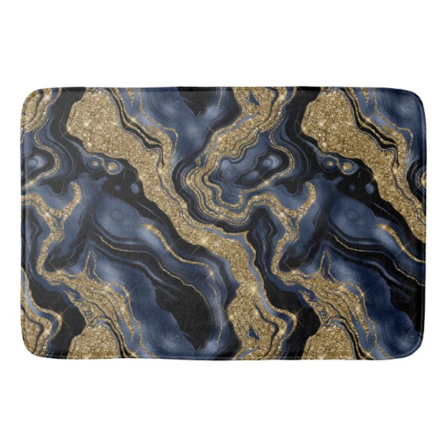 Elegant Navy Blue and Gold Glitter Agate Pattern Bath Mat (Front)