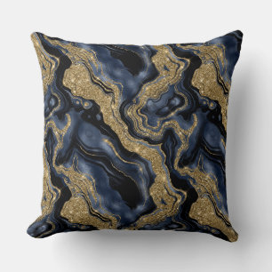 Elegant Navy Blue and Gold Glitter Agate Pattern Cushion