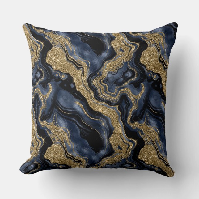 Elegant Navy Blue and Gold Glitter Agate Pattern Cushion (Front)