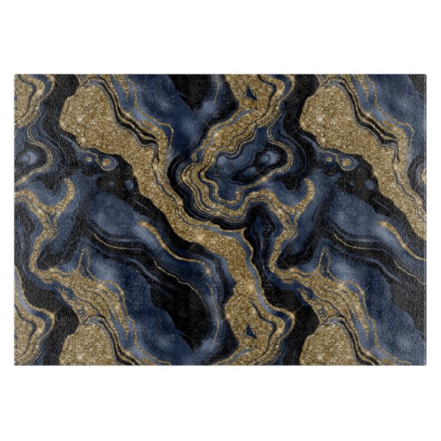Elegant Navy Blue and Gold Glitter Agate Pattern Cutting Board (Front)