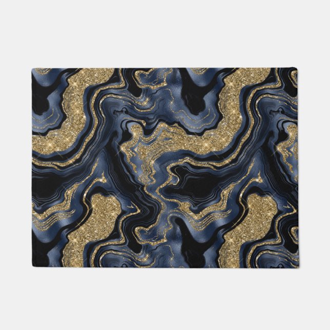 Elegant Navy Blue and Gold Glitter Agate Pattern Doormat (Front)